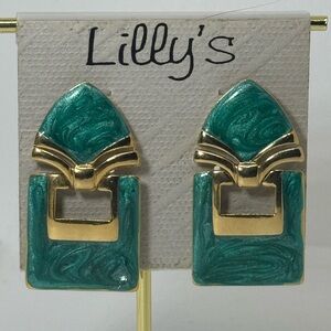 Vintage Lilly’s Green & Gold Enamel Geometric Open Square Dangle Earrings